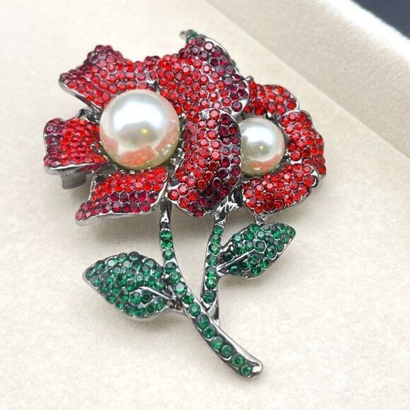 Gun Metal with Ruby Garnet Red and Emerald Crystal Pearl Flower Pin Back Brooch - Picture 4 of 8